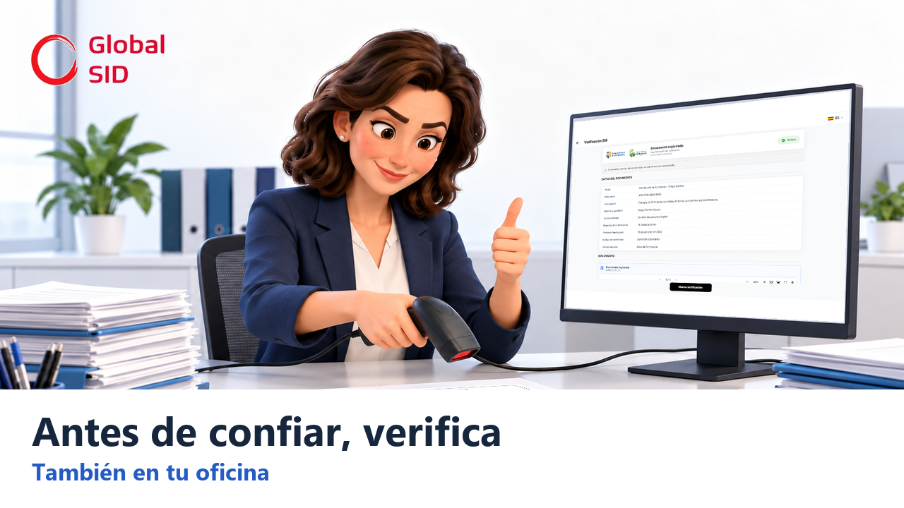 Escena ilustrada de una profesional verificando un documento con un lector QR y SID en su ordenador