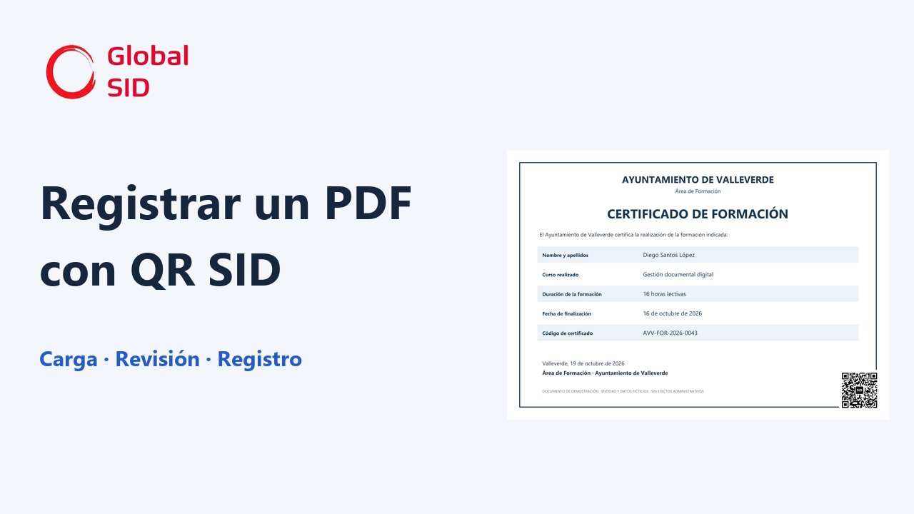 Registrar un PDF con QR SID: carga, revisión y registro de un certificado de formación de ejemplo
